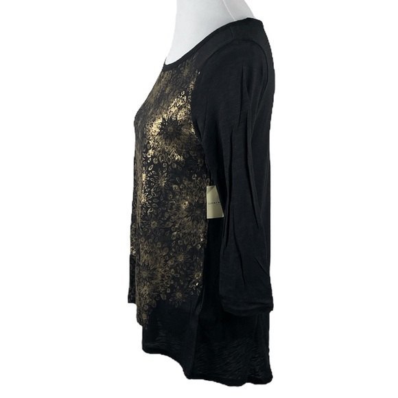 Lucky Brand Boho 3/4 inch Sleeve Shirt Black Gold Size Small - Picture 3 of 9